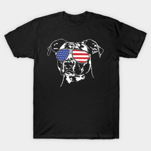 Patriotic American Staffordshire Terrier American Flag Sunglasses T-Shirt