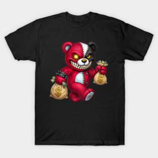 Streetwear Money Bear - Red & Black Stitched Hustle T-Shirt