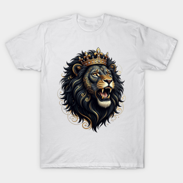 Majestic Sovereign - Black and Gold Crowned Lion T-Shirt by UrbanLifeApparel