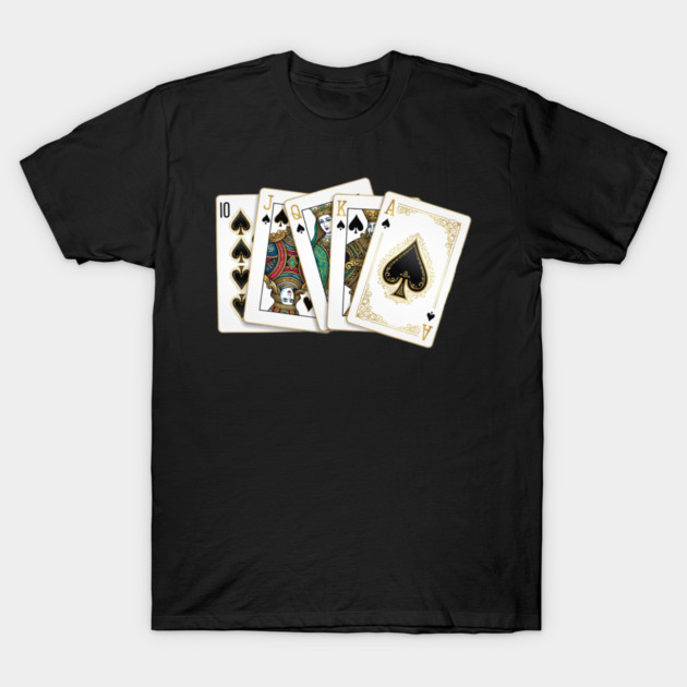 Royal Flush Gold & Black Spades Luxury Poker Hand T-Shirt by UrbanLifeApparel