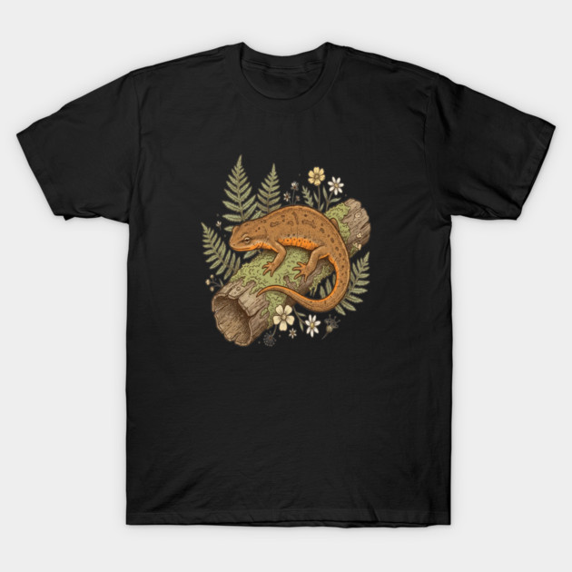 California Newt with Ferns and Wildflowers Wildlife Art T-Shirt by BirdsnStuff