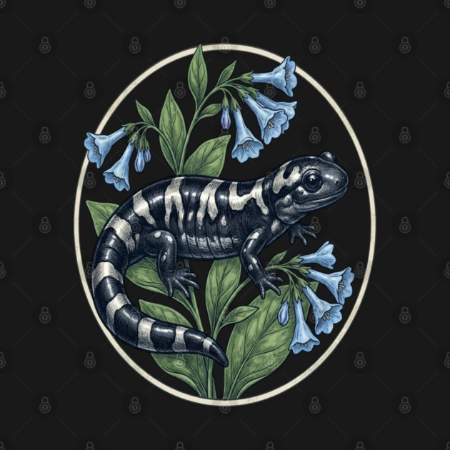 Marbled Salamander with Virginia Bluebells Natural History Art by BirdsnStuff