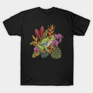 Red Eyed Tree Frog with Tropical Flowers T-Shirt