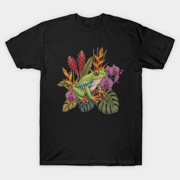 Red Eyed Tree Frog with Tropical Flowers T-Shirt by BirdsnStuff