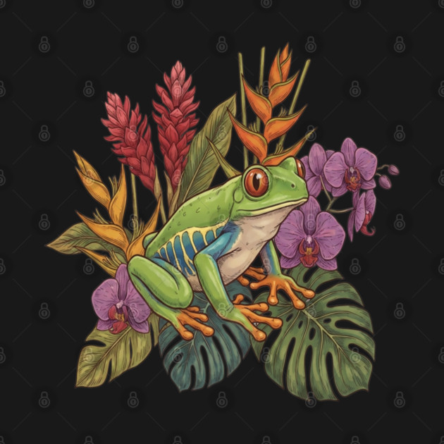 Red Eyed Tree Frog with Tropical Flowers by BirdsnStuff