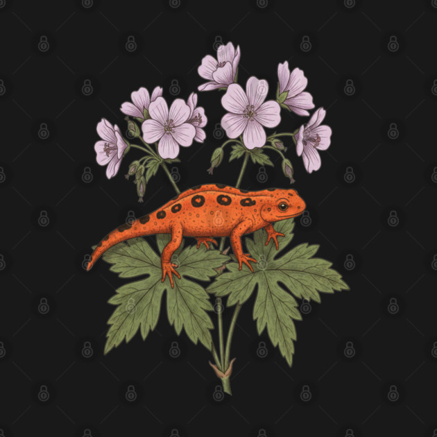 Red Spotted Newt Eastern Newt Red Eft with Wild Geranium by BirdsnStuff