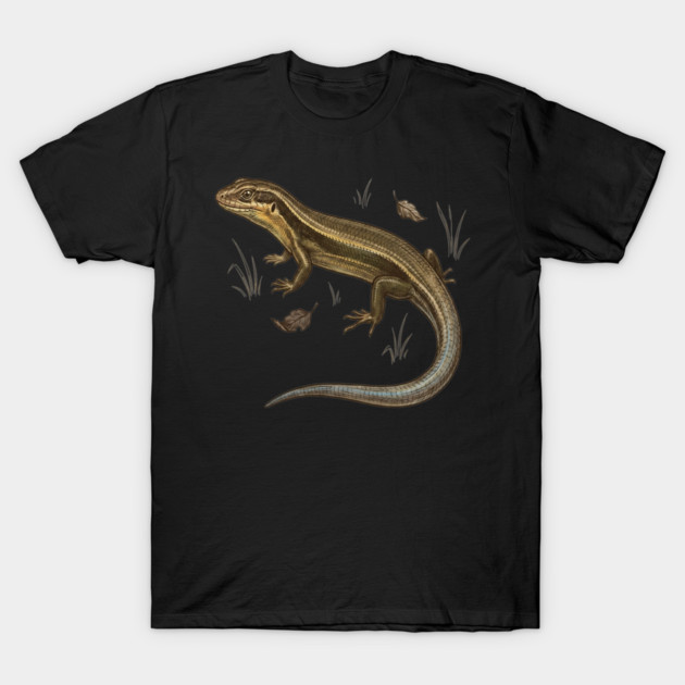 Western Skink with Grass and Fallen Leaves T-Shirt by BirdsnStuff