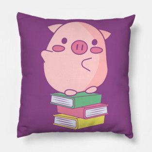 Cute Pink Piggy Sitting on Books Design Pillow