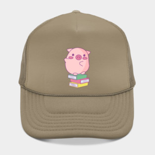 Cute Pink Piggy Sitting on Books Design Hat