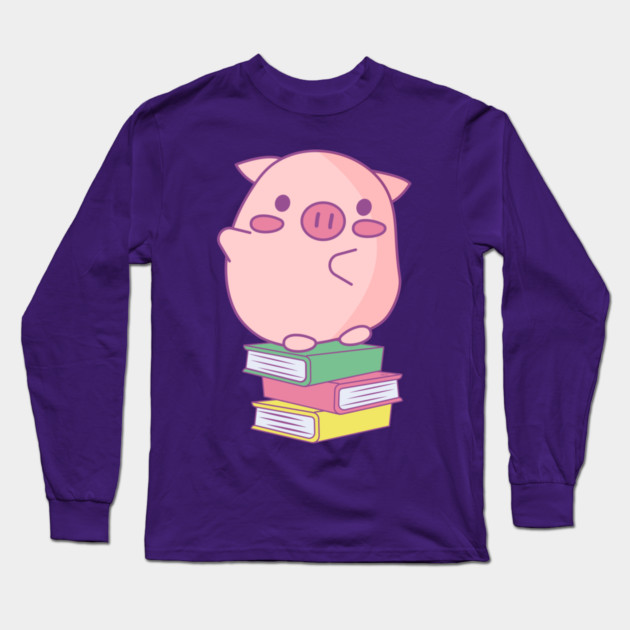 Cute Pink Piggy Sitting on Books Design Long Sleeve T-Shirt by creative