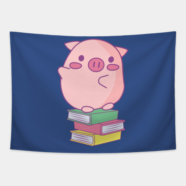 Cute Pink Piggy Sitting on Books Design Tapestry by creative