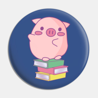 Cute Pink Piggy Sitting on Books Design Pin