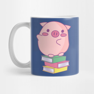 Cute Pink Piggy Sitting on Books Design Mug