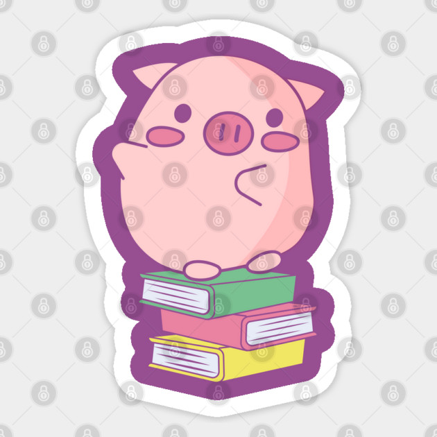 Cute Pink Piggy Sitting on Books Design Sticker by creative
