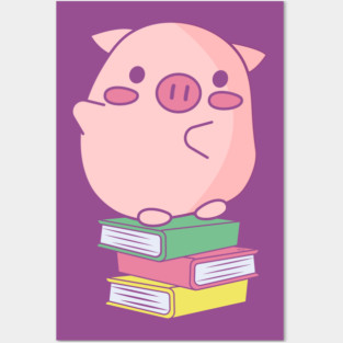 Cute Pink Piggy Sitting on Books Design Posters and Art