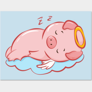 Cute Pink Piggy Angel Sleeping on a Cloud Posters and Art