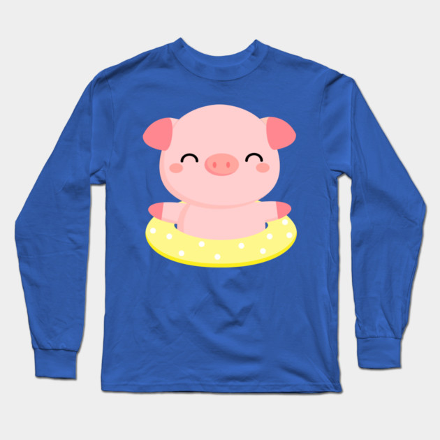 Cute Pink Piggy Relaxing in Pool Long Sleeve T-Shirt by creative