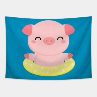 Cute Pink Piggy Relaxing in Pool Tapestry
