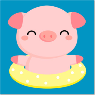 Cute Pink Piggy Relaxing in Pool Posters and Art