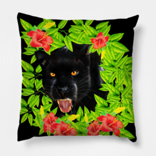 Tropical - Jaguar Cat, Black panther, Floral theme Pillow