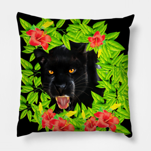 Tropical - Jaguar Cat, Black panther, Floral theme Pillow by logiamerch