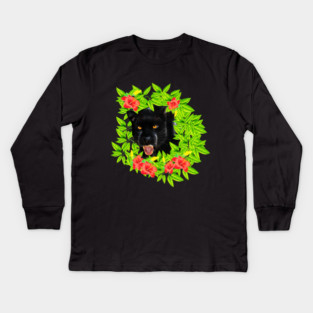 Tropical - Jaguar Cat, Black panther, Floral theme Kids Long Sleeve T-Shirt