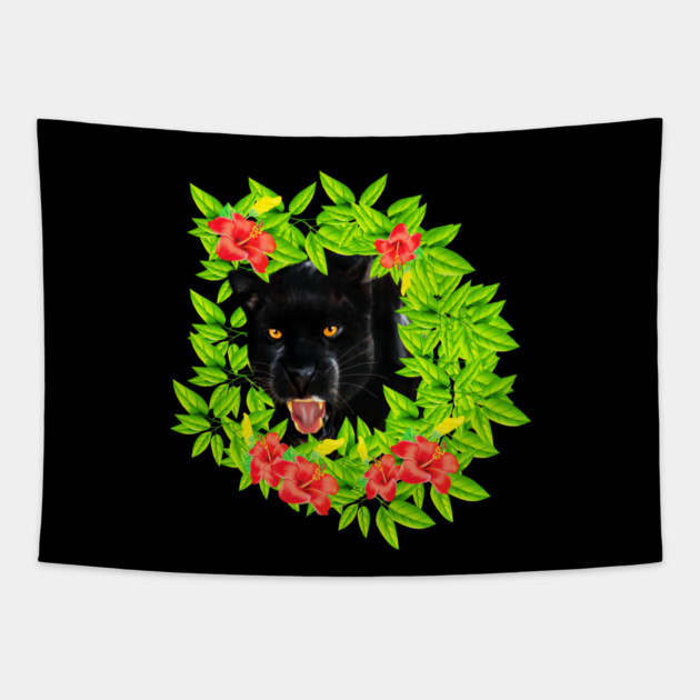 Tropical - Jaguar Cat, Black panther, Floral theme Tapestry by logiamerch