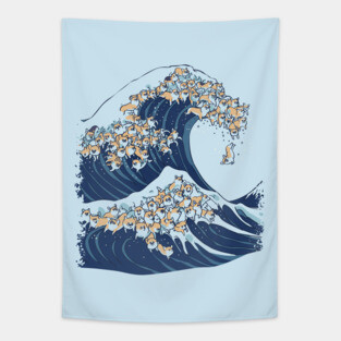 The Great Wave of Corgi Tapestry
