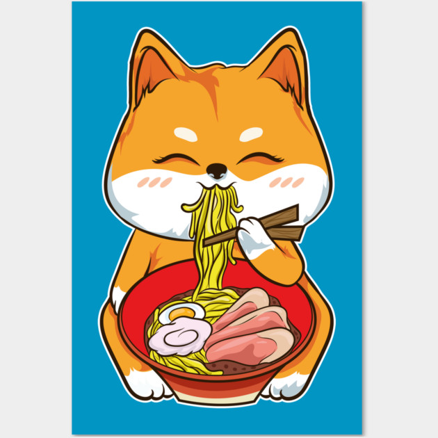 Ramen Shiba Inu Cute Kawaii Turf Dog Eating Noodles Wall Art by creative