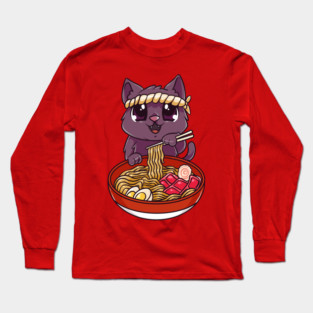Cat eating Ramen Cute Kawaii Kitten Eating Noodles Long Sleeve T-Shirt