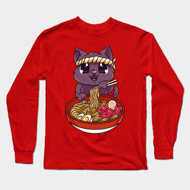Cat eating Ramen Cute Kawaii Kitten Eating Noodles Long Sleeve T-Shirt by creative