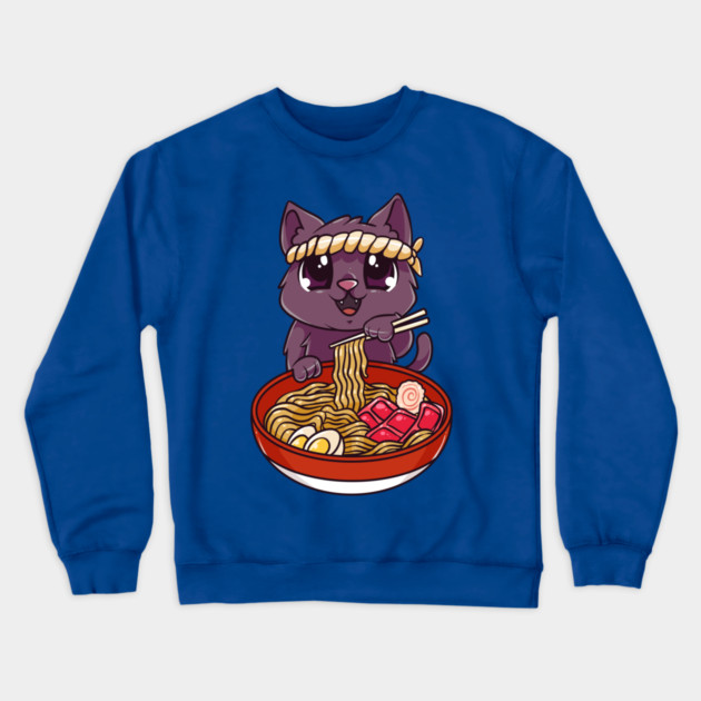 Cat eating Ramen Cute Kawaii Kitten Eating Noodles Crewneck Sweatshirt by creative