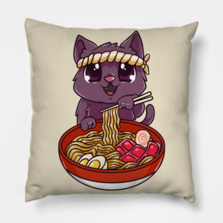Cat eating Ramen Cute Kawaii Kitten Eating Noodles Pillow