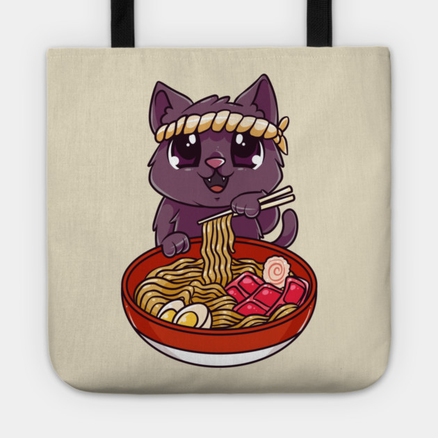 Cat eating Ramen Cute Kawaii Kitten Eating Noodles Tote by creative