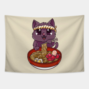 Cat eating Ramen Cute Kawaii Kitten Eating Noodles Tapestry