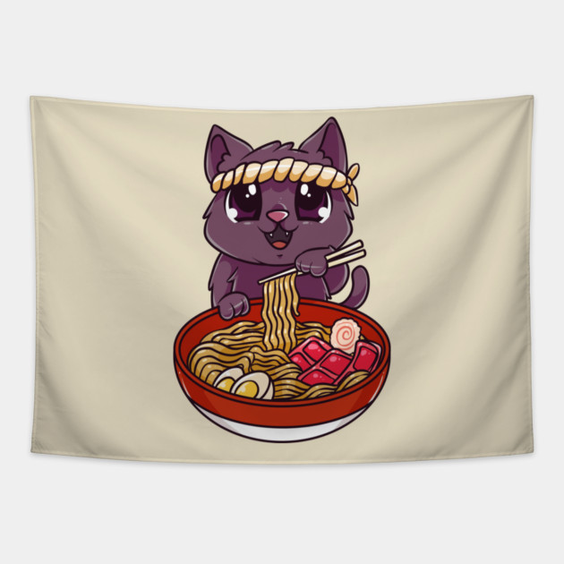 Cat eating Ramen Cute Kawaii Kitten Eating Noodles Tapestry by creative
