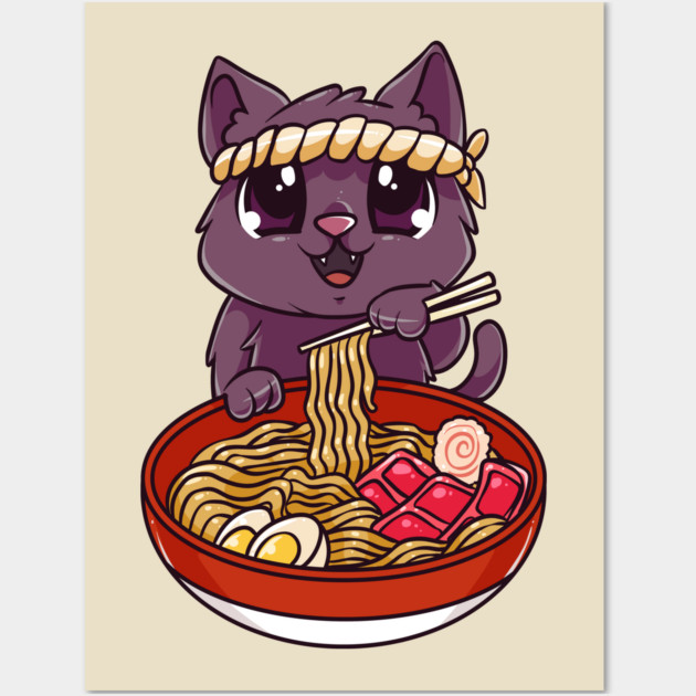 Cat eating Ramen Cute Kawaii Kitten Eating Noodles Wall Art by creative