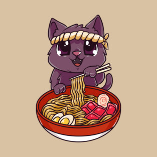 Cat eating Ramen Cute Kawaii Kitten Eating Noodles T-Shirt