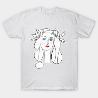 Minimal Line Art Woman Portrait with Floral Crown T-Shirt