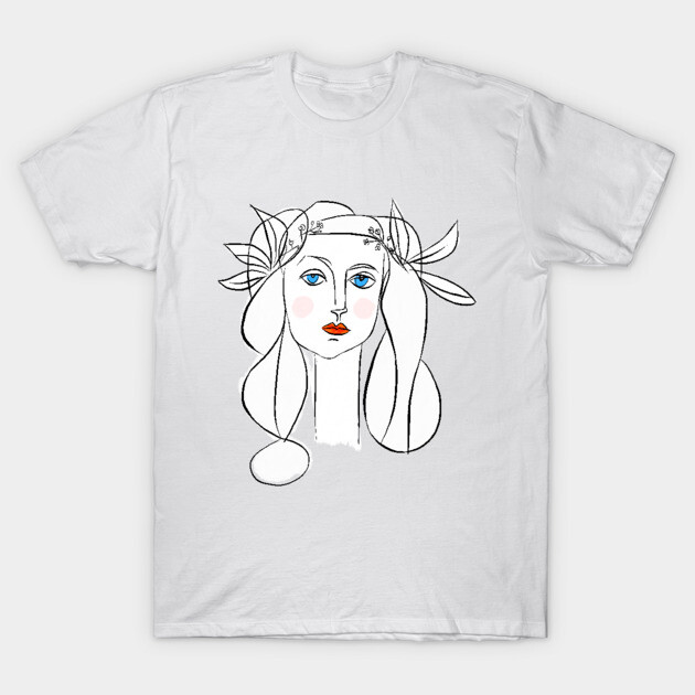Minimal Line Art Woman Portrait with Floral Crown T-Shirt by denizko