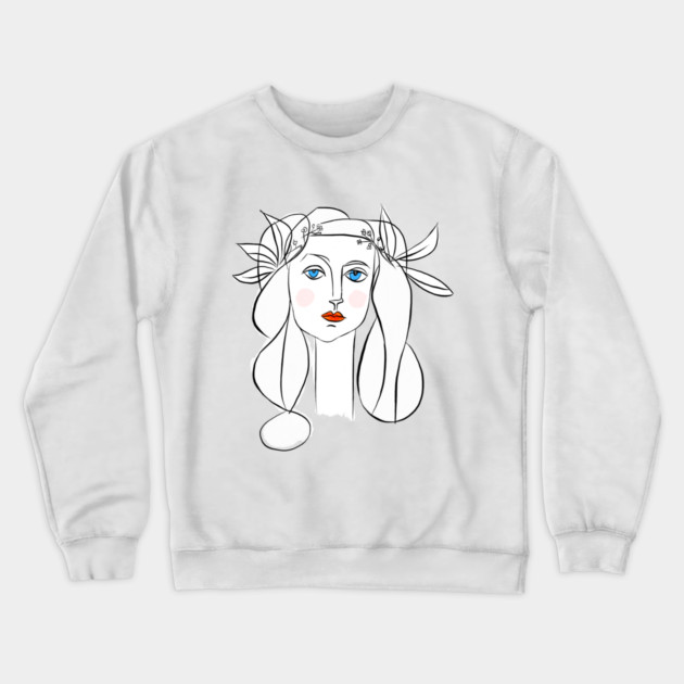 Minimal Line Art Woman Portrait with Floral Crown Crewneck Sweatshirt by denizko