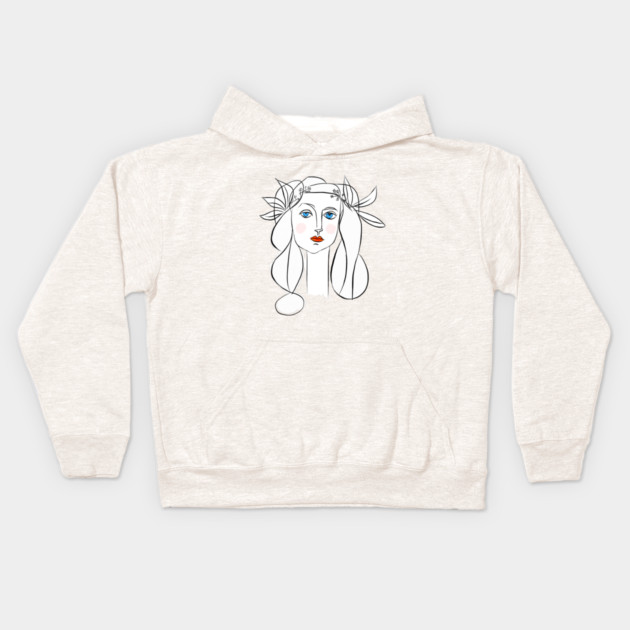 Minimal Line Art Woman Portrait with Floral Crown Kids Hoodie by denizko