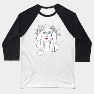 Minimal Line Art Woman Portrait with Floral Crown Baseball T-Shirt