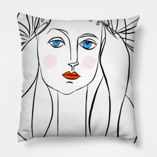 Minimal Line Art Woman Portrait with Floral Crown Pillow