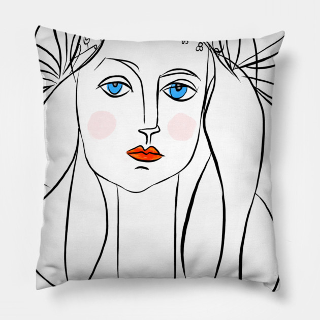 Minimal Line Art Woman Portrait with Floral Crown Pillow by denizko