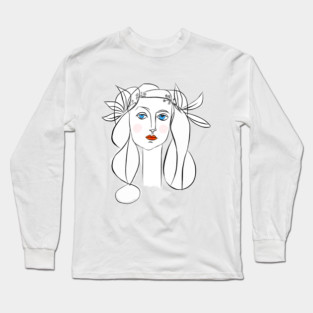 Minimal Line Art Woman Portrait with Floral Crown Long Sleeve T-Shirt