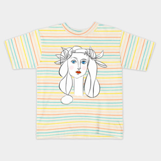 Minimal Line Art Woman Portrait with Floral Crown Kids T-Shirt