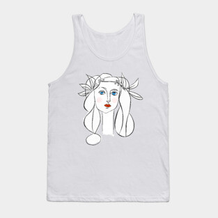 Minimal Line Art Woman Portrait with Floral Crown Tank Top