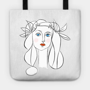 Minimal Line Art Woman Portrait with Floral Crown Tote