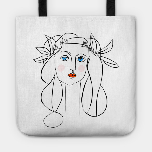 Minimal Line Art Woman Portrait with Floral Crown Tote by denizko